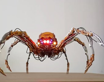 May include: A large, metallic, spider-like robot with eight legs and a segmented body. The robot has a series of red and orange lights on its head.