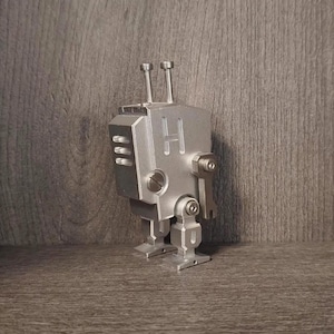 Futuristic Metal Robot Figurine, Original Design, CNC Cutting Aluminum Stainless Steel, Office Shelf Sci-fi Room Decor, Modern Desk Ornament