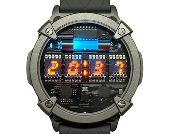 Cyberpunk Nixie Watch, App Controlled, Customizable Engraving & Wireless Charging, IP68 Waterproof, Neat Circuit, Sci-fi Art, Birthday Gifts