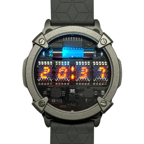 Relógio Nixie Cyberpunk, controlado por aplicativo, gravação personalizável e carregamento sem fio, à prova d'água IP68, circuito elegante, arte de ficção científica, presente de aniversário.