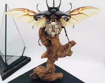 Steampunk Beetle Insect, Real Chalcosoma Atlas, Mounted In A Glass Cover Ornament Aesthetic Tech Art Gift Biomechanical Art, Robot Sculpture