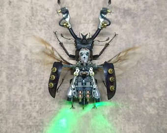 Wasteland Cyborg Mechanical Beetle, Featured a Skull, Kinetic Sculpture Art, Unique Gift for Men Insect Lovers Wall Decor Objects Framed Art