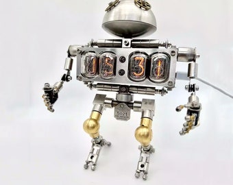 Robot Nixie Tube Clock | Stainless Steel, Retro-Futuristic Desk Lamp