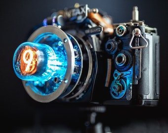 Cyberpunk Nixie Industrial Ambient Desk Table Sci-fi Lamp Integrated In A Camera Base Table Art Home Office Decor Gift for Photographer Gift