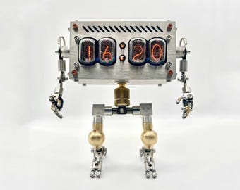 Robot Nixie Tube Clock, Stainless Steel, Retro Tech Art
