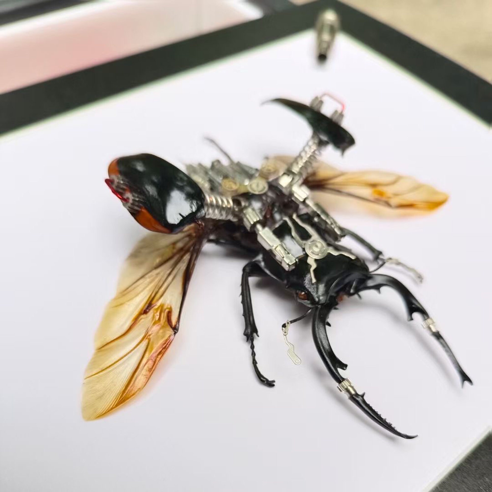スチームパンク風サイボーグカブトムシの彫刻 - 額装された昆虫アート