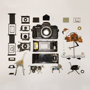 May include: A disassembled black Seagull DF-300 camera with various parts laid out on a white surface. The camera is a 35mm film camera with a manual focus lens. The parts include the camera body, lens, film advance lever, shutter release button, and other smaller parts.