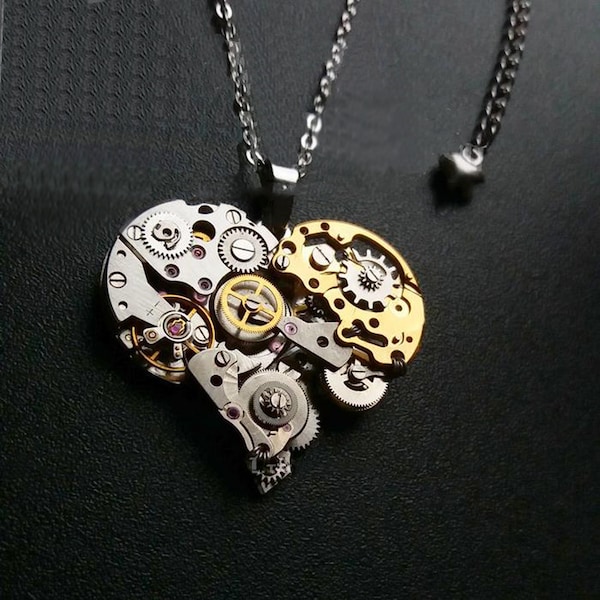 Steampunk Mechanical Heart Shaped Pendant Necklace Vintage Recycled Industrial Work Art Clockwork Watch Parts Jewelry Gift For Him Her
