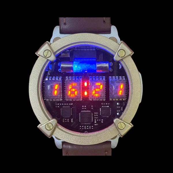 Cyberpunk-Nixie-Uhr mit individueller Gravur und kabellosem Laden, IP68 wasserdicht, ordentlicher Schaltkreis, Sci-Fi-Kunst, Geburtstagsgeschenk für Männer, Geschenk für Trauzeugen