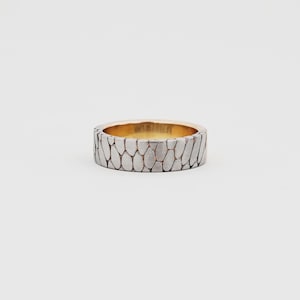 Op de afbeelding: Een zilveren ring met een getextureerd, organisch patroon aan de buitenkant. De binnenkant van de ring is goudkleurig. De ring staat tegen een effen witte achtergrond. Het ontwerp van de ring doet denken aan een kasseien- of kiezeltextuur.