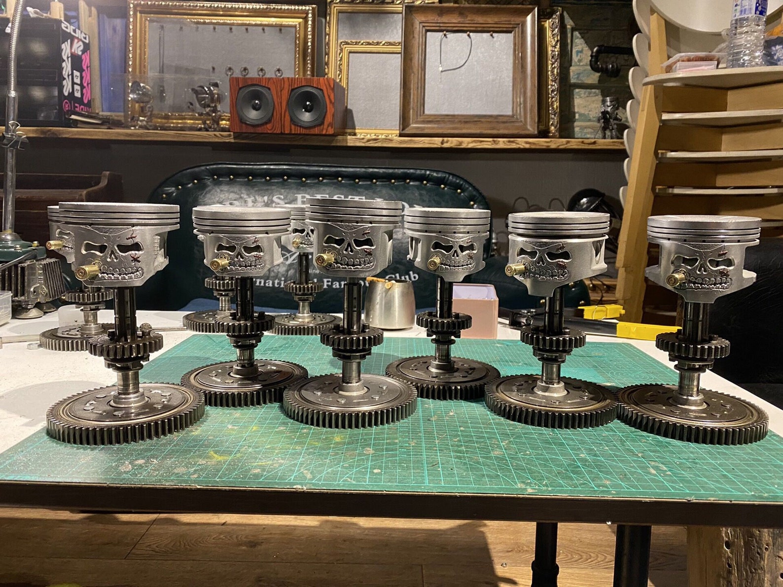 Carving Piston Skull Face Sculpture Metal Art Figurine Handmade Piston Man Head Statue