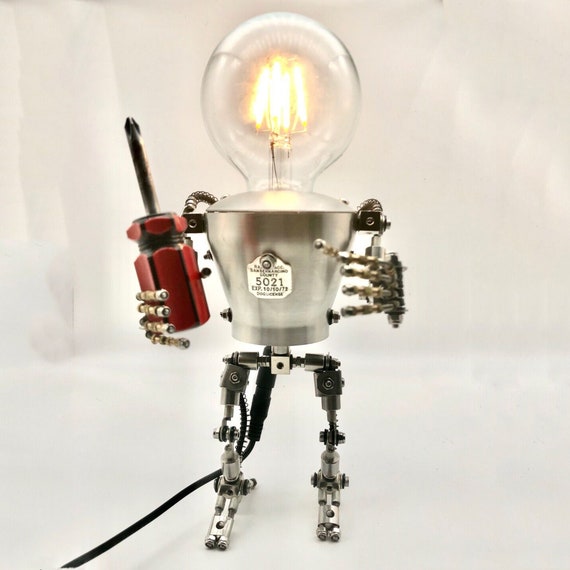 Dimmable Steampunk Robot With a Bulb Head Table Desk Lamp Metal
