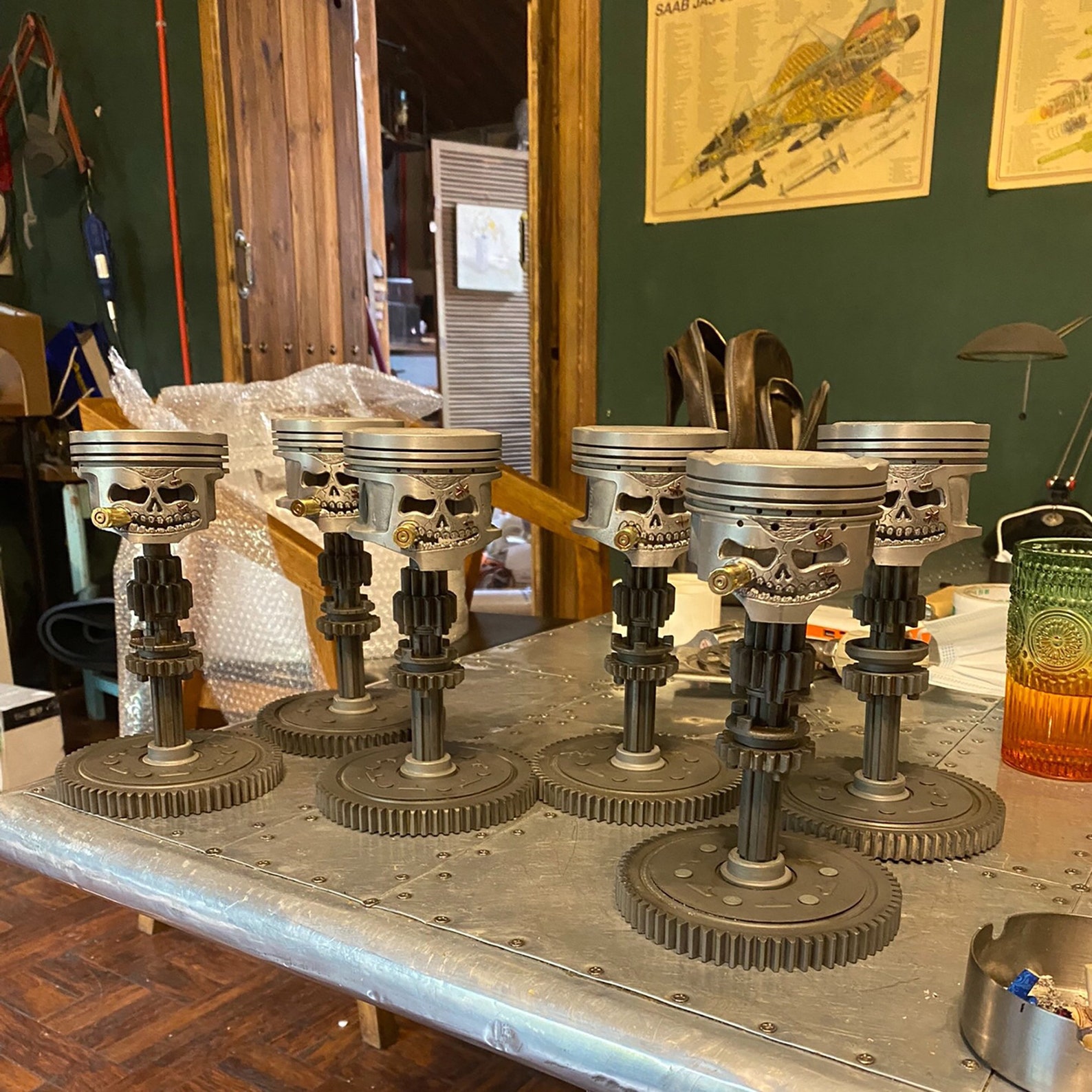 Carving Piston Skull Face Sculpture Metal Art Figurine Handmade Piston