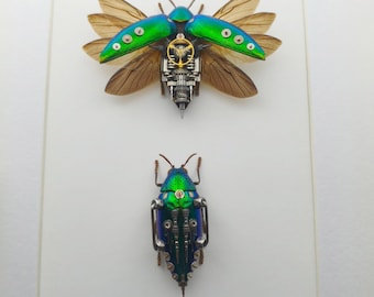 Steampunk Beetle Sculpture, Mechanical Insect Wall Decor, Clockwork Buprestid Art (30x20cm Frame)