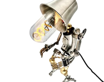Industrial Robot with a Bulb Head, Table Desk Lamp, Metal Model Light, Mechanical Home Decor Robot Sculpture, Unique Lamp Lighting Gifts