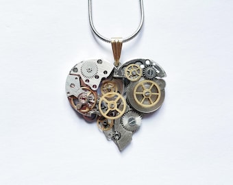 Steampunk Mechanical Heart-Shaped Pendant Necklace, Vintage Industrial Art Clockwork, Watch Parts, Unique Jewelry Gift For Men Him Husband