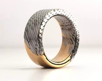 Unique Superconductor Ring, Dragon scales-Like Ring, Gold Plated Etched Titanium-Niobium & Copper Band, Men’s Wedding Band Ring, Dad Gifts