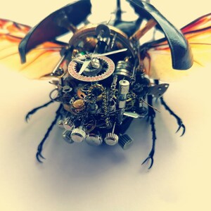 May include: A steampunk-style beetle made of metal gears and clock parts. The beetle has wings and legs, and its body is covered in intricate details.