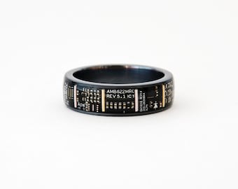 Men's Glow Ring Glow Vials, Silver Band with Black Vulcanized Surface, Electronic Components Built Inside, Cyberpunk Futuristic Ring Jewelry