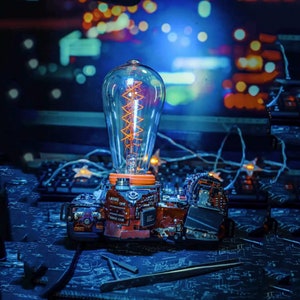 Lámpara ciberpunk, iluminación ambiental de mesa, lámpara de ciencia ficción, bombilla Edison integrada en la base de la cámara, hecha a mano, para el hogar, mesa, escritorio, arte, decoración, tecnología del futuro.