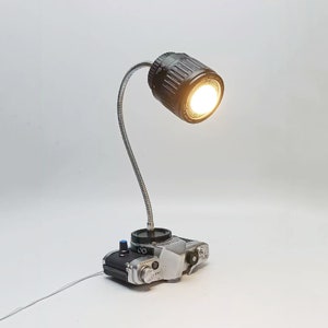 Vintage Camera Table Lamp with Dimmer Switch, Handmade Upcycled Artwork, Features A Lens Bulb Camera Base, Home Decor Photography Lover Gift