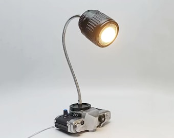 Vintage Camera Table Lamp with Dimmer Switch, Handmade Upcycled Artwork, Features A Lens Bulb Camera Base, Home Decor Photography Lover Gift