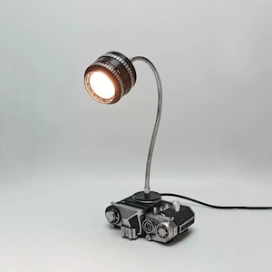 Vintage Camera Table Lamp with Dimmer Switch, Handmade Upcycled Artwork, Features A Lens Bulb Camera Base, Home Decor Photography Lover Gift