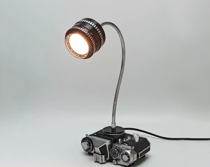 Vintage Camera Table Lamp with Dimmer Switch, Handmade Upcycled Artwork, Features A Lens Bulb Camera Base, Home Decor Photography Lover Gift