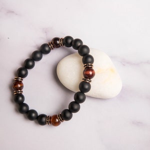 Red Tiger Eye Bracelet, Black Matte Agate Bracelet, Men Energy Healing Bracelet, Fire Ball Bracelet, Natural Gemstone Bracelet