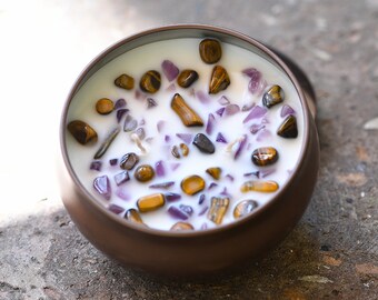 Amethyst & Tiger Eye Crystal Candle, Santal Scent, Meditation Candle