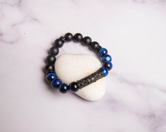 Blue Tiger Eye & Black Agate Bracelet: Handmade Gemstone Jewelry