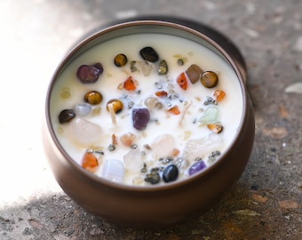 Crystal Candle - Intention Candle with Amethyst, Rose Quartz, Tiger Eye & More