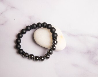 Hematite & Black Matte Agate Bracelet: Handmade Energy Healing Gift