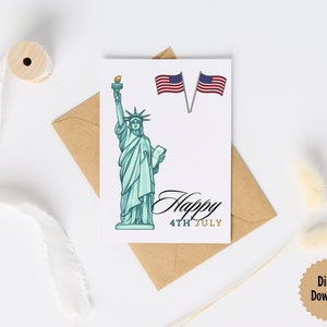 Feliz 4o do cartão de julho de <br> Entrega Rápida? Cartão do Dia da Independência | Cartão da estátua da liberdade de <br> Entrega Rápida? Cartão imprimível do Dia da Independência | Download instantâneo