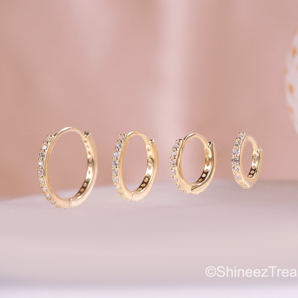 Dainty 18k Gold Huggie Hoop Earrings, 925 Sterling Silver, Cubic Zirconia