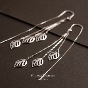 Sterling Silver Leaf Threader Earrings • Long Dangle Chain