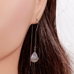 Minimalist Water Drop Threader Earrings, Sterling Silver Teardrop Gold Threader Earrings, Dangle Earrings, Minimalist EarringsE0095 Silver Set(E+N)