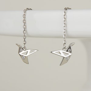 Origami Dainty Threader Earrings, Paper Crane Bird Threader Earrings, Gold, Rose Gold & Silver Earrings, Cute Earrings, Gift for Mom E0003 Earring Silver(Pair)