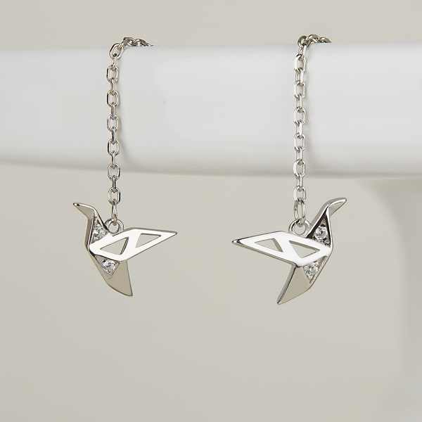 Origami Crane Threader Earrings, 925 Sterling Silver, Dainty Bird Earrings