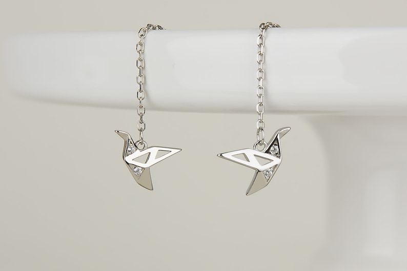Origami Dainty Threader Earrings, Paper Crane Bird Threader Earrings, Gold, Rose Gold & Silver Earrings, Cute Earrings, Gift for Mom E0003 Earring Silver(Pair)