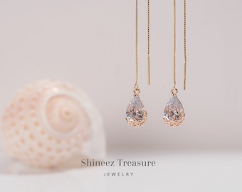 Sterling Silver Teardrop Threader Earrings, Gold Finish