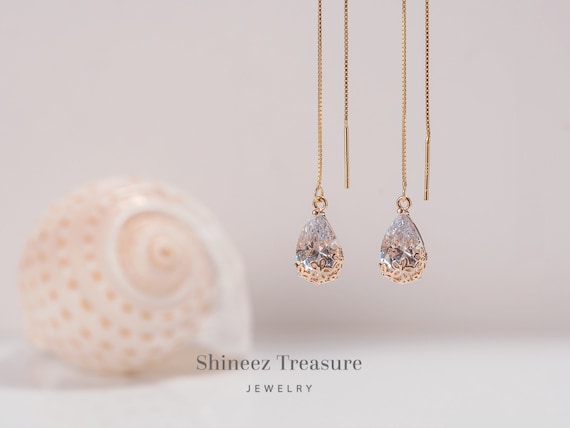 Sterling Silver Clear Crystal Teardrop Threader Earrings Sterling Silver Clear Crystal Teardrop Threader Earrings