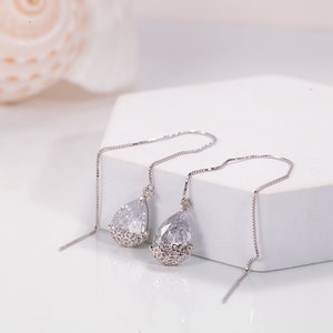 Minimalist Water Drop Threader Earrings, Sterling Silver Teardrop Gold Threader Earrings, Dangle Earrings, Minimalist EarringsE0095 image 6