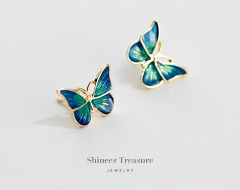 Blue and Gold Butterfly Stud Earrings, Gold Butterfly Stud Earrings, Butterfly Earrings, Earrings women,Gift for Mom (NewE0162)