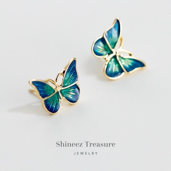 Blue and Gold Butterfly Stud Earrings, Gold Butterfly Stud Earrings, Butterfly Earrings, Earrings women,Gift for Mom (NewE0162)
