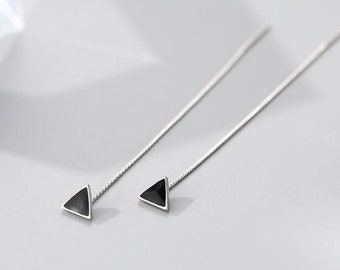 Minimalist Black Triangle Silver Threader Earrings, Sterling Silver Threader Earrings, Dangle Triangle Threader Earrings, Gift for Her(E0041