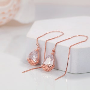 Minimalist Water Drop Threader Earrings, Sterling Silver Teardrop Gold Threader Earrings, Dangle Earrings, Minimalist EarringsE0095 image 3
