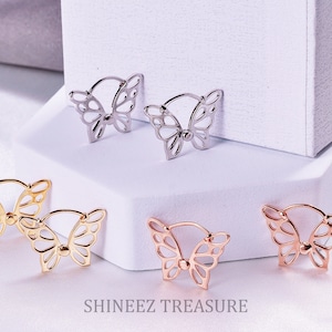 Butterfly 925 Sterling Silver Huggie Hoop Earrings, Gold and Rose Gold Huggie Hoop Earrings, Bridesmaid Gifts, Gift for Her (E0006)
