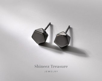 Black Geometry Stud Earrings, 925 Sterling Silver Stud Earrings, Minimalist Stud Earrings, Earrings for men, Gift for him