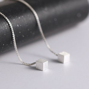 Geometric Cube 925 Sterling Silver Threader Earrings, Minimalist Dangle